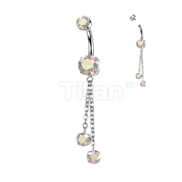 Implant Grade Titanium Internally Threaded Double Prong Set CZ Belly Button Ring With Double Round Prong Set CZ Chain Dangle - Image 2