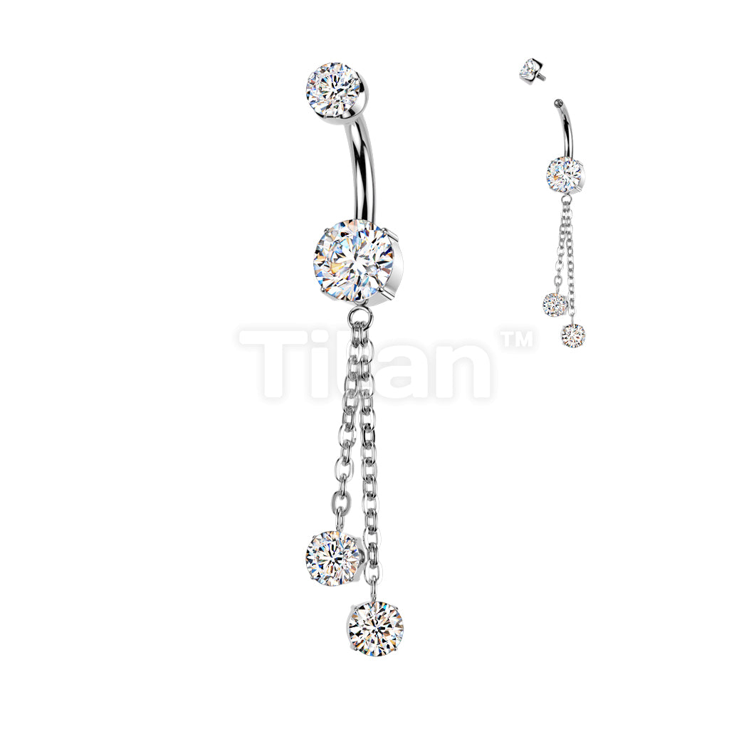Implant Grade Titanium Internally Threaded Double Prong Set CZ Belly Button Ring With Double Round Prong Set CZ Chain Dangle - Image 3