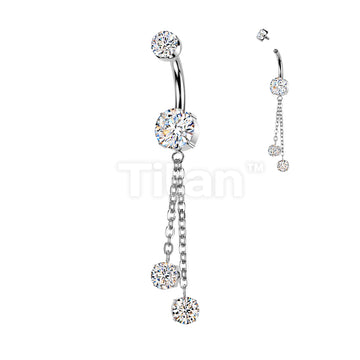 Implant Grade Titanium Internally Threaded Double Prong Set CZ Belly Button Ring With Double Round Prong Set CZ Chain Dangle - Image 3