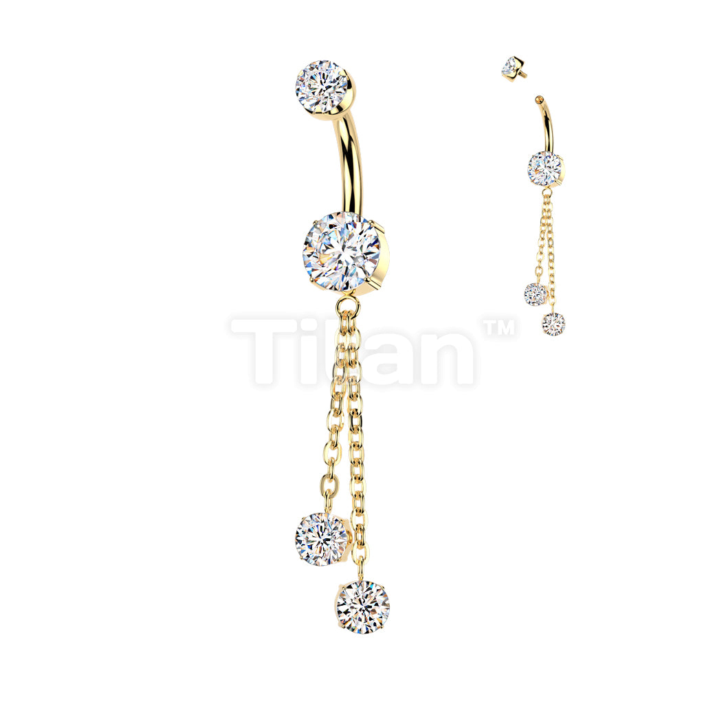 Implant Grade Titanium Internally Threaded Double Prong Set CZ Belly Button Ring With Double Round Prong Set CZ Chain Dangle - Image 4