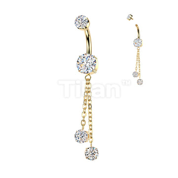 Implant Grade Titanium Internally Threaded Double Prong Set CZ Belly Button Ring With Double Round Prong Set CZ Chain Dangle - Image 4