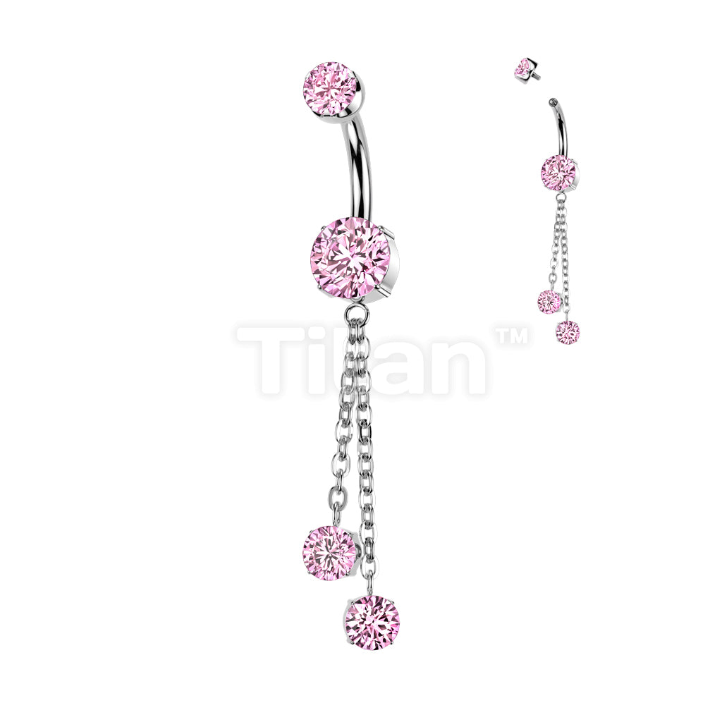 Implant Grade Titanium Internally Threaded Double Prong Set CZ Belly Button Ring With Double Round Prong Set CZ Chain Dangle - Image 5