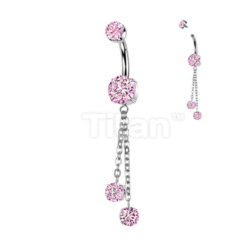 Implant Grade Titanium Internally Threaded Double Prong Set CZ Belly Button Ring With Double Round Prong Set CZ Chain Dangle - Image 5