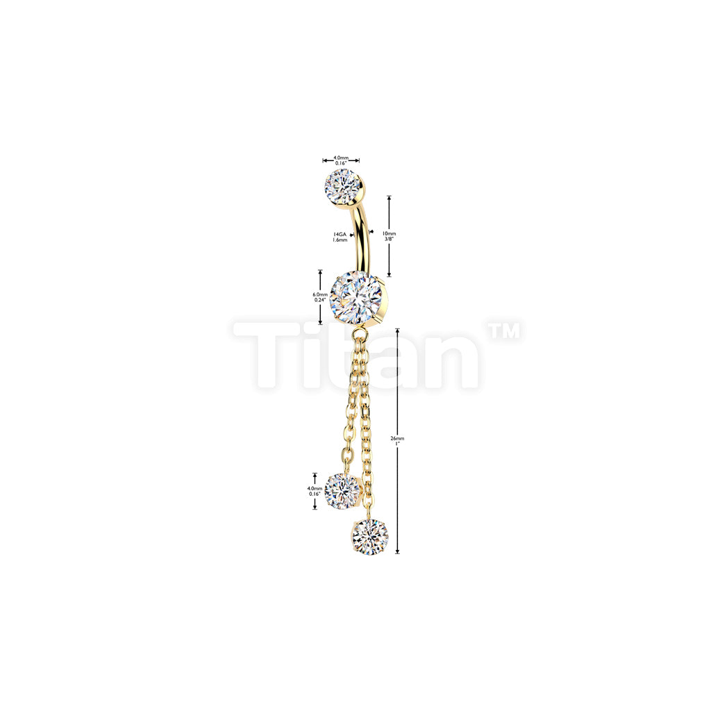 Implant Grade Titanium Internally Threaded Double Prong Set CZ Belly Button Ring With Double Round Prong Set CZ Chain Dangle - Image 6