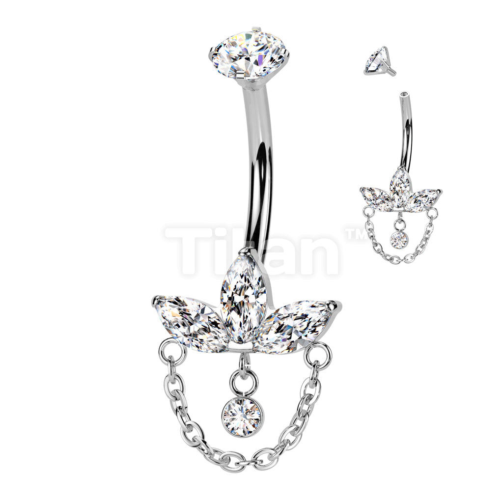 Implant Grade Titanium Internally Threaded 3 Marquise CZ Leaf Belly Button Ring With CZ And Chain Dangle - Image 2