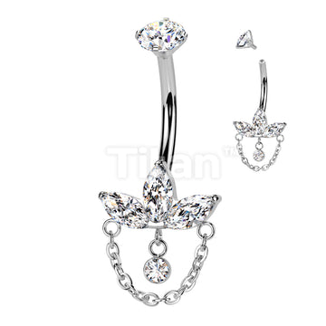 Implant Grade Titanium Internally Threaded 3 Marquise CZ Leaf Belly Button Ring With CZ And Chain Dangle - Image 2