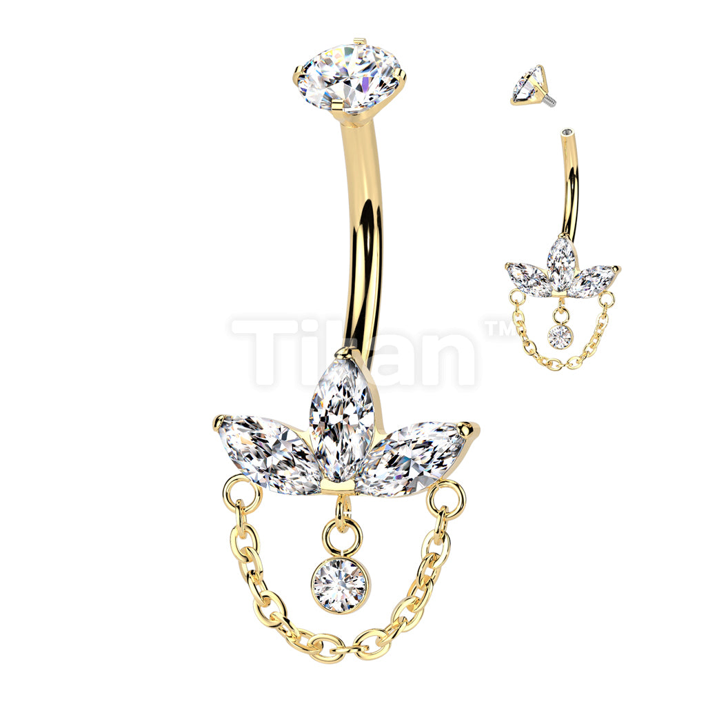 Implant Grade Titanium Internally Threaded 3 Marquise CZ Leaf Belly Button Ring With CZ And Chain Dangle - Image 3