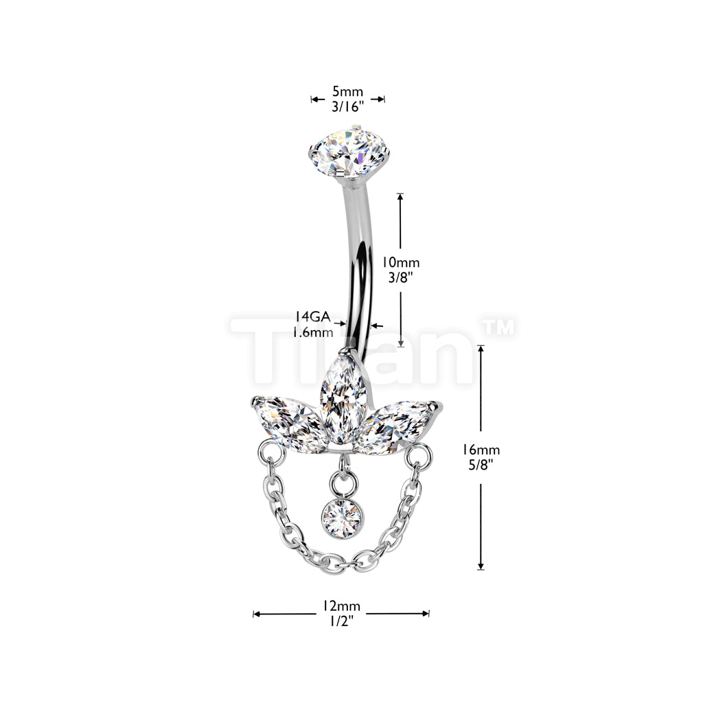 Implant Grade Titanium Internally Threaded 3 Marquise CZ Leaf Belly Button Ring With CZ And Chain Dangle - Image 4