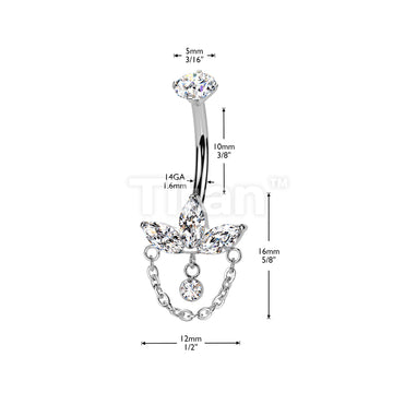 Implant Grade Titanium Internally Threaded 3 Marquise CZ Leaf Belly Button Ring With CZ And Chain Dangle - Image 4