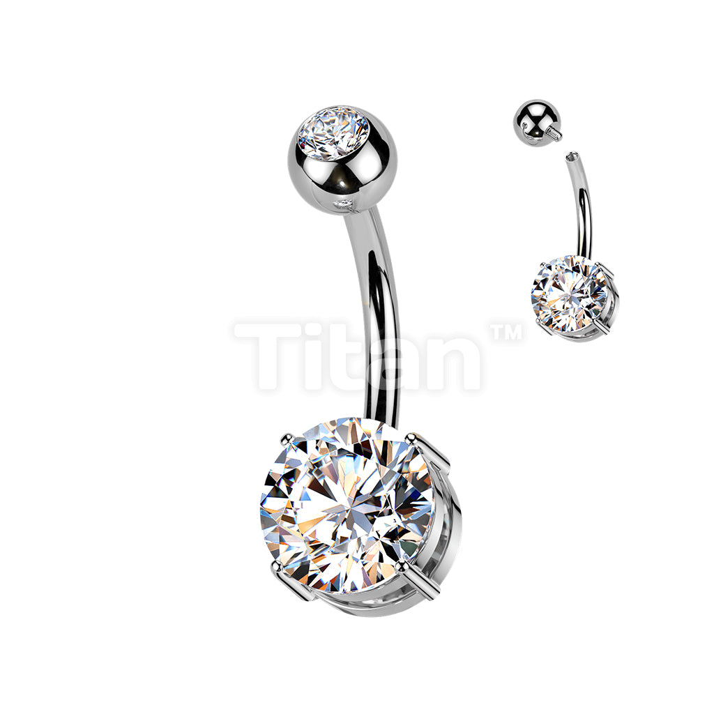 Implant Grade Titanium Internally Threaded 4 Prong Set Round Bottom CZ With Pressed Fit Round CZ Top Belly Button Ring - Image 3