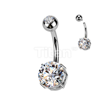 Implant Grade Titanium Internally Threaded 4 Prong Set Round Bottom CZ With Pressed Fit Round CZ Top Belly Button Ring - Image 3