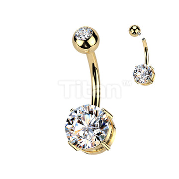 Implant Grade Titanium Internally Threaded 4 Prong Set Round Bottom CZ With Pressed Fit Round CZ Top Belly Button Ring - Image 4