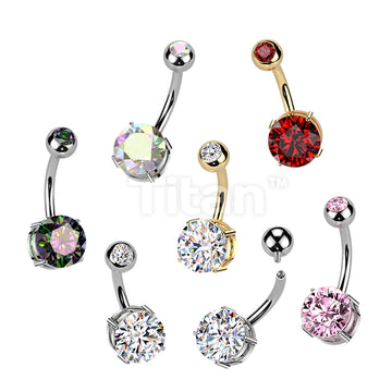 Implant Grade Titanium Internally Threaded 4 Prong Set Round Bottom CZ With Pressed Fit Round CZ Top Belly Button Ring