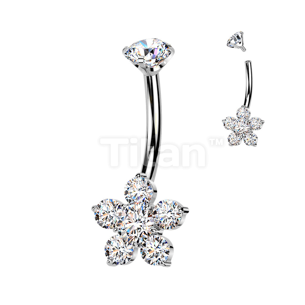 Titanium Internally Threaded Belly Ring With Prong Set CZ Top & Flower - Image 2