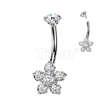 Titanium Internally Threaded Belly Ring With Prong Set CZ Top & Flower - Image 2