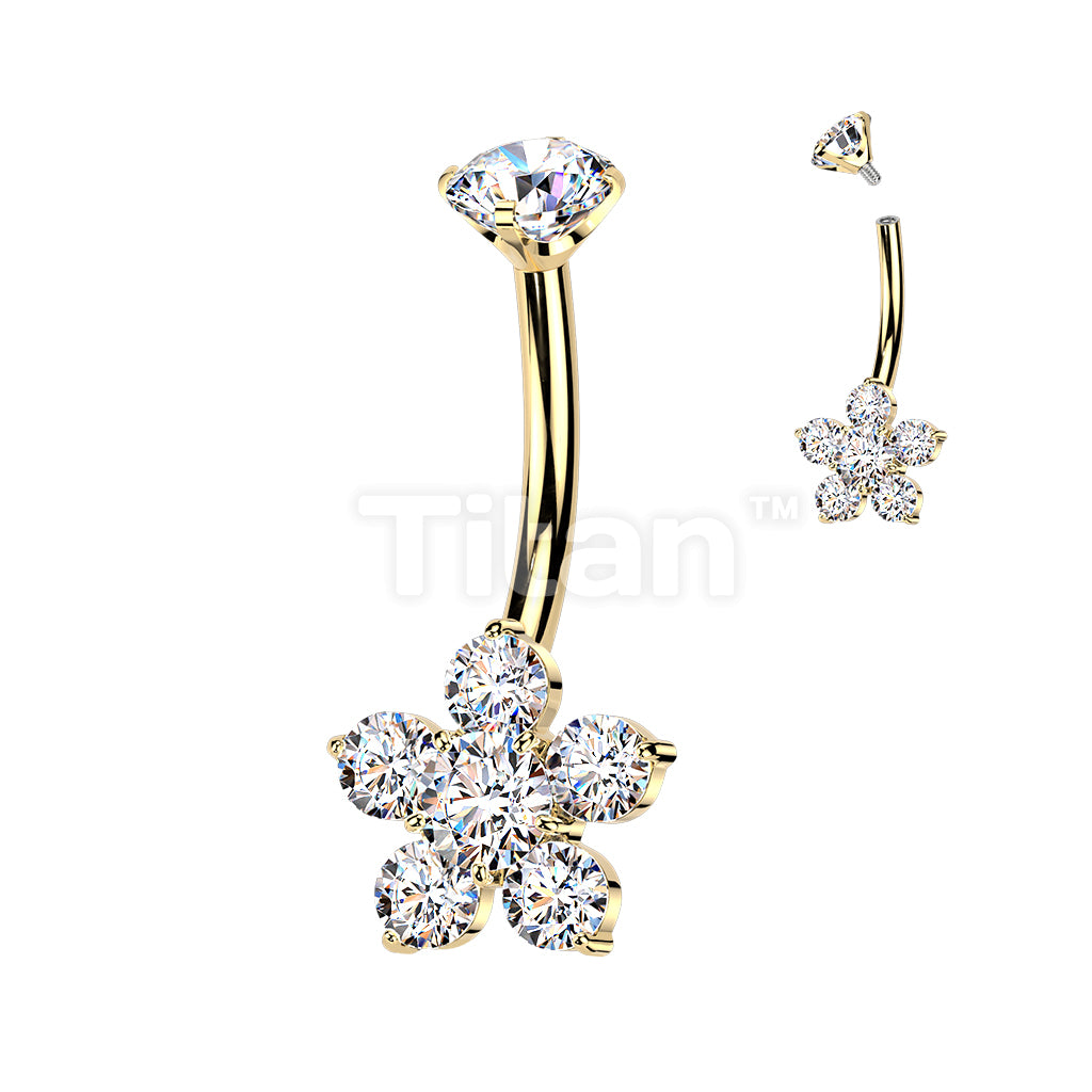 Titanium Internally Threaded Belly Ring With Prong Set CZ Top & Flower - Image 3