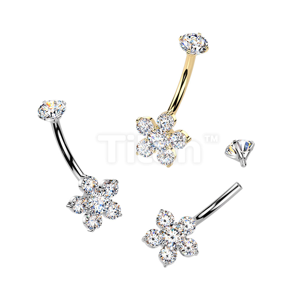 Titanium Internally Threaded Belly Ring With Prong Set CZ Top & Flower