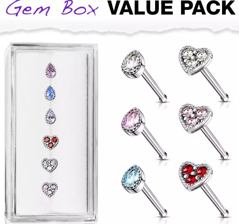 Tear Drop CZ and CZ Set Heart Top 316L Surgical Steel 20 Gauge Nose Stud Rings Gem Box