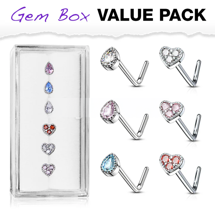 Tear Drop CZ and CZ Set Heart Top 316L Surgical Steel L Bend Nose Stud Rings Gem Box