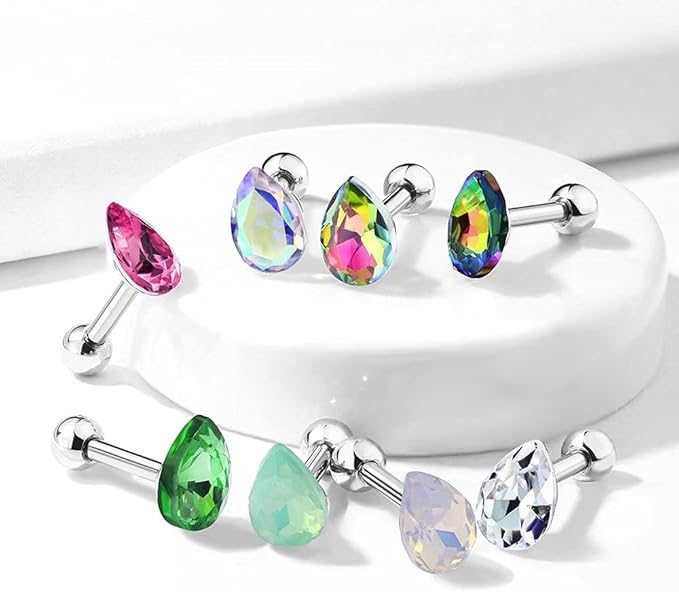 Tear Drop Crystal Top 316L Surgical Steel Cartilage, Tragus Barbell Studs