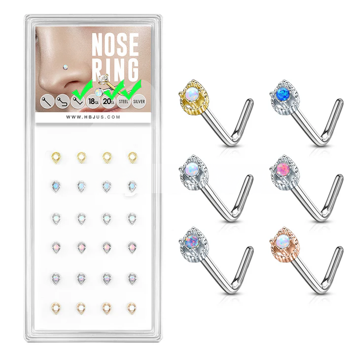 Tear Drop Prong Set Opal Center "L" Bend 20 Gauge 316L Surgical Steel Nose Bone