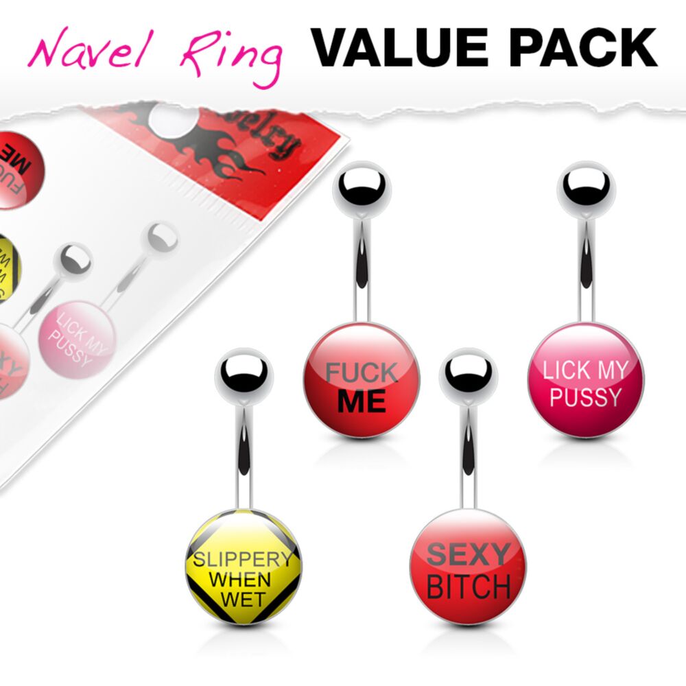 Text Logo Inlaid and Clear Epoxy Covered 316L Surgical Steel Belly Button Rings