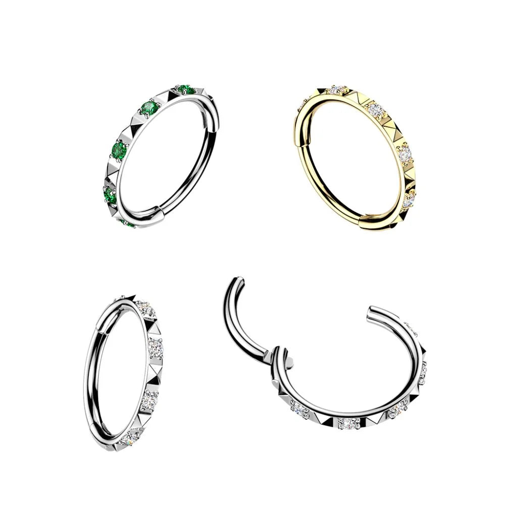 Titanium 18g & 20g Hinged Segment Hoop Ring With CZ Between Pyramid Cuts for Nose, Ear and More