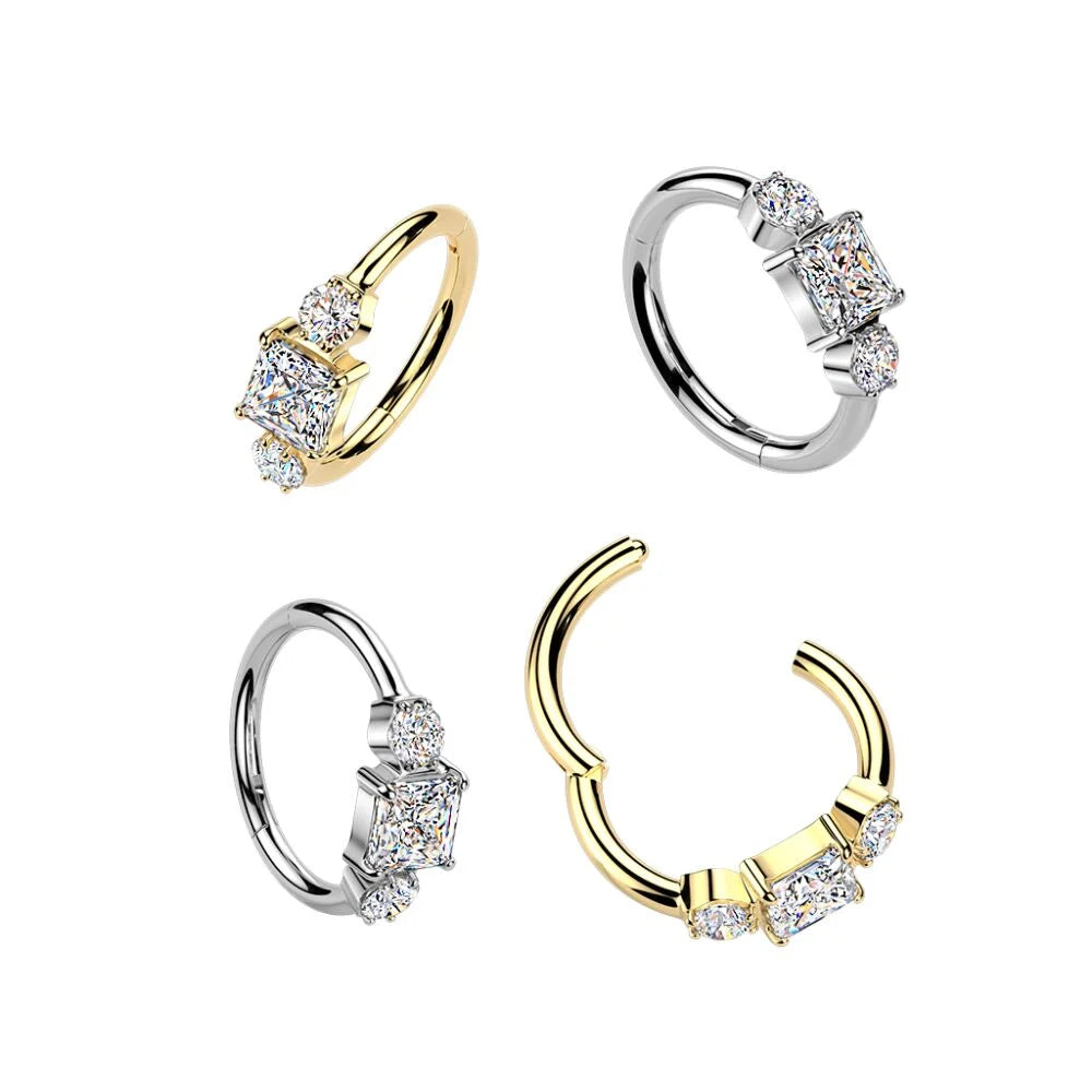 Titanium Hinged Outward Facing Segment Hoop Ring With Square and Round CZ