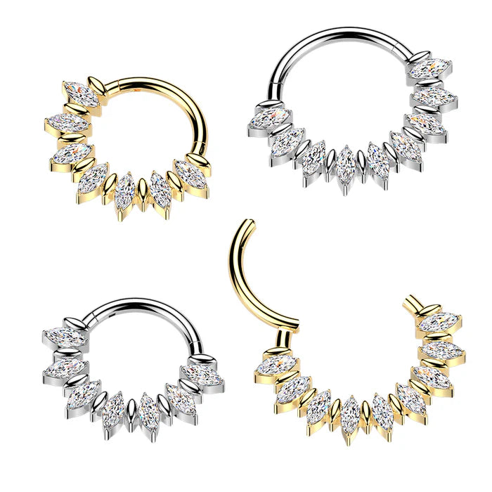 Titanium Hinged Segment Hoop Ring With Marquise CZ Fan