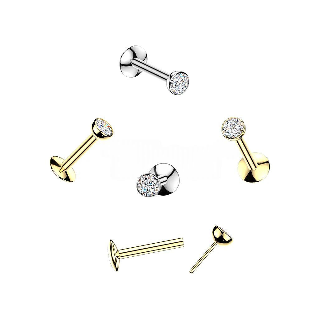 Titanium Threadless Push In Convex Base Labret With Bezel Set CZ Ball Top