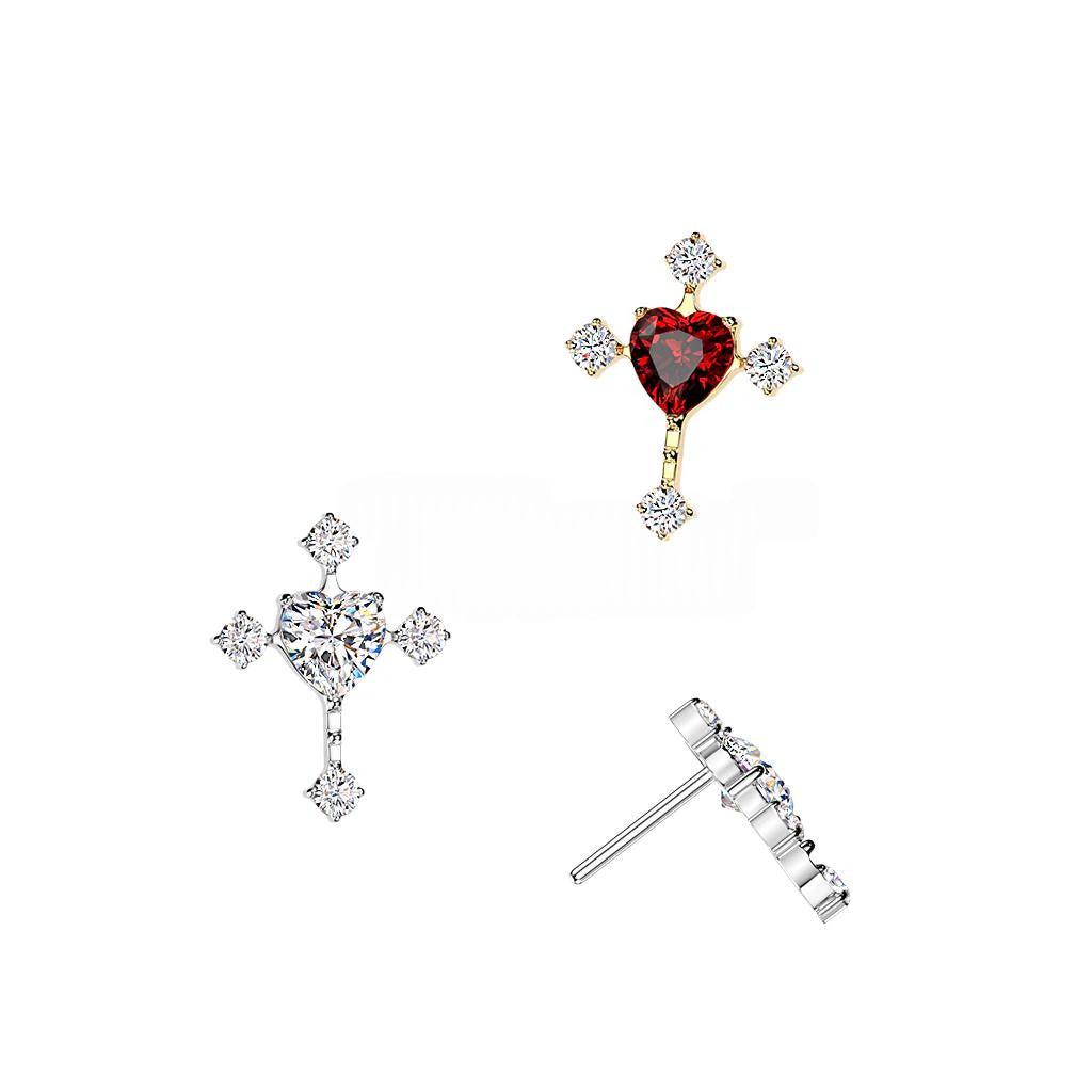Titanium Threadless Push In Cross Top With CZ Ends and Heart CZ Center