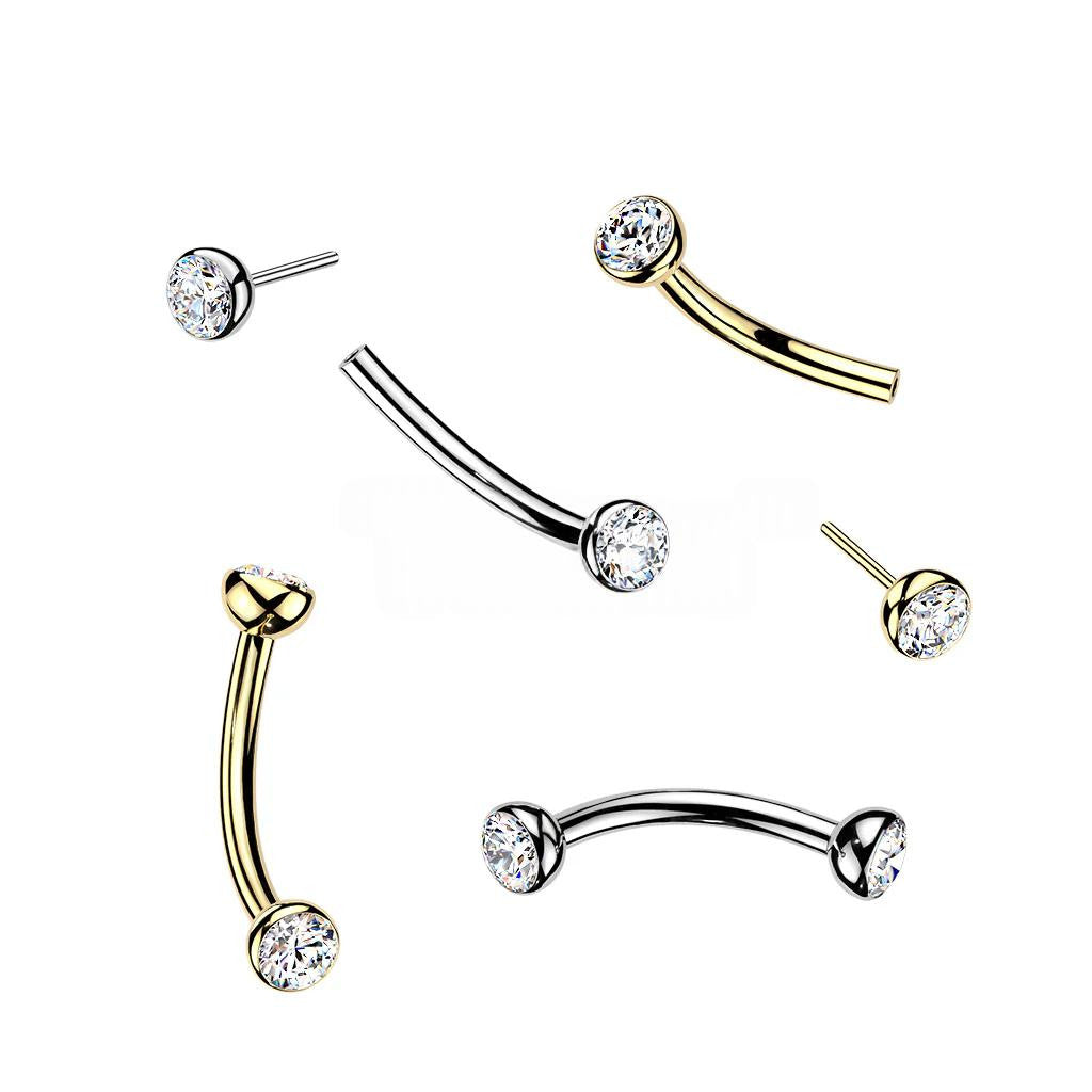 Titanium Threadless Push In Eyebrow Barbell With Bezel Set CZ Ends & One Fixed Ball