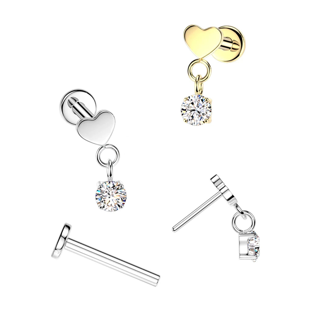 Titanium Threadless Push In Flat Back Labret With Flat Heart Top And Round CZ Dangle