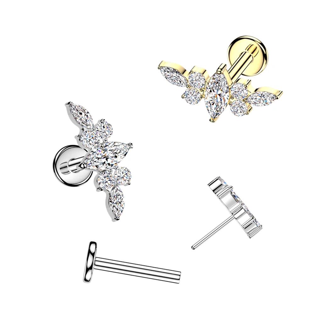Titanium Threadless Push In Flat Back Labret With Marquise CZ Wing Top