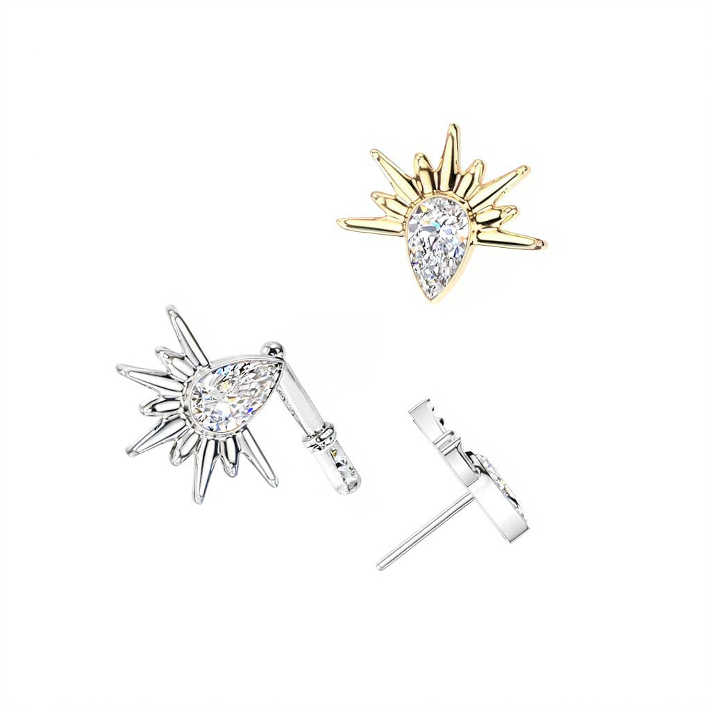 Titanium Threadless Push In Half Sun Teardrop CZ Top