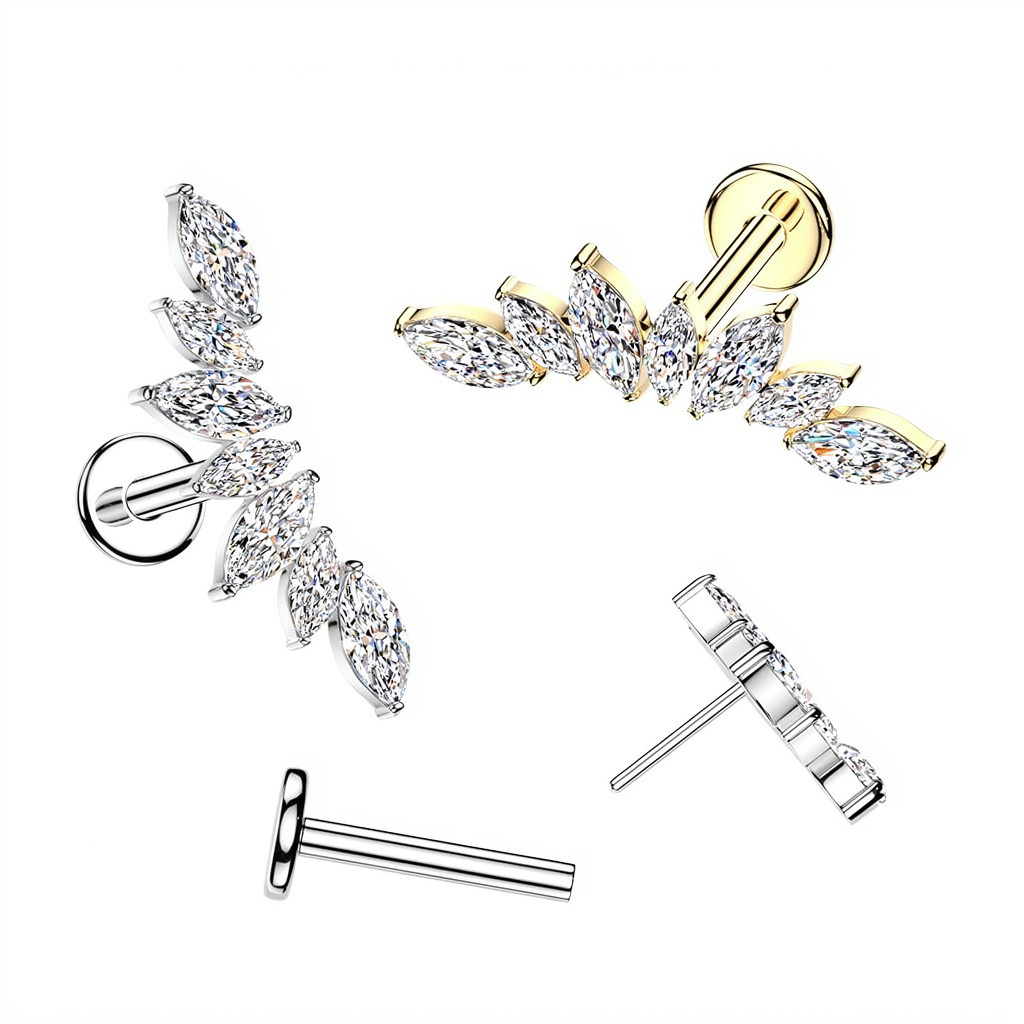 Titanium Threadless Push In Labret With 7 Marquise CZ Wide Fan Top