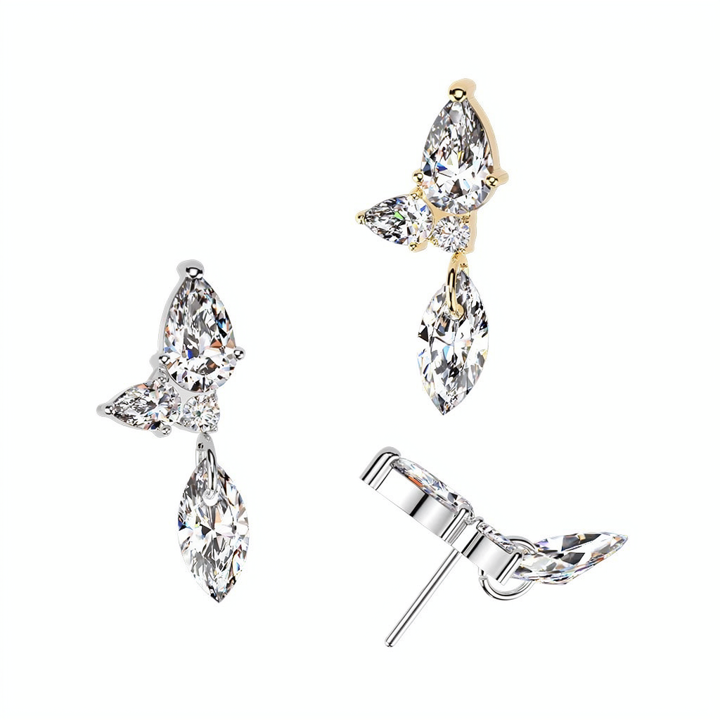 Titanium Threadless Push In Marquise & Round CZ Cluster Top With Marquise CZ Dangle