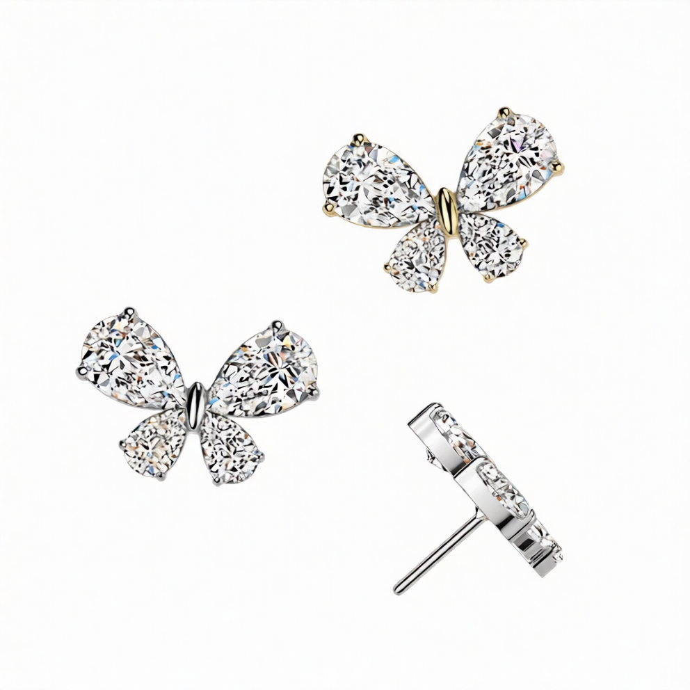Titanium Threadless Push In Teardrop CZ Butterfly Top