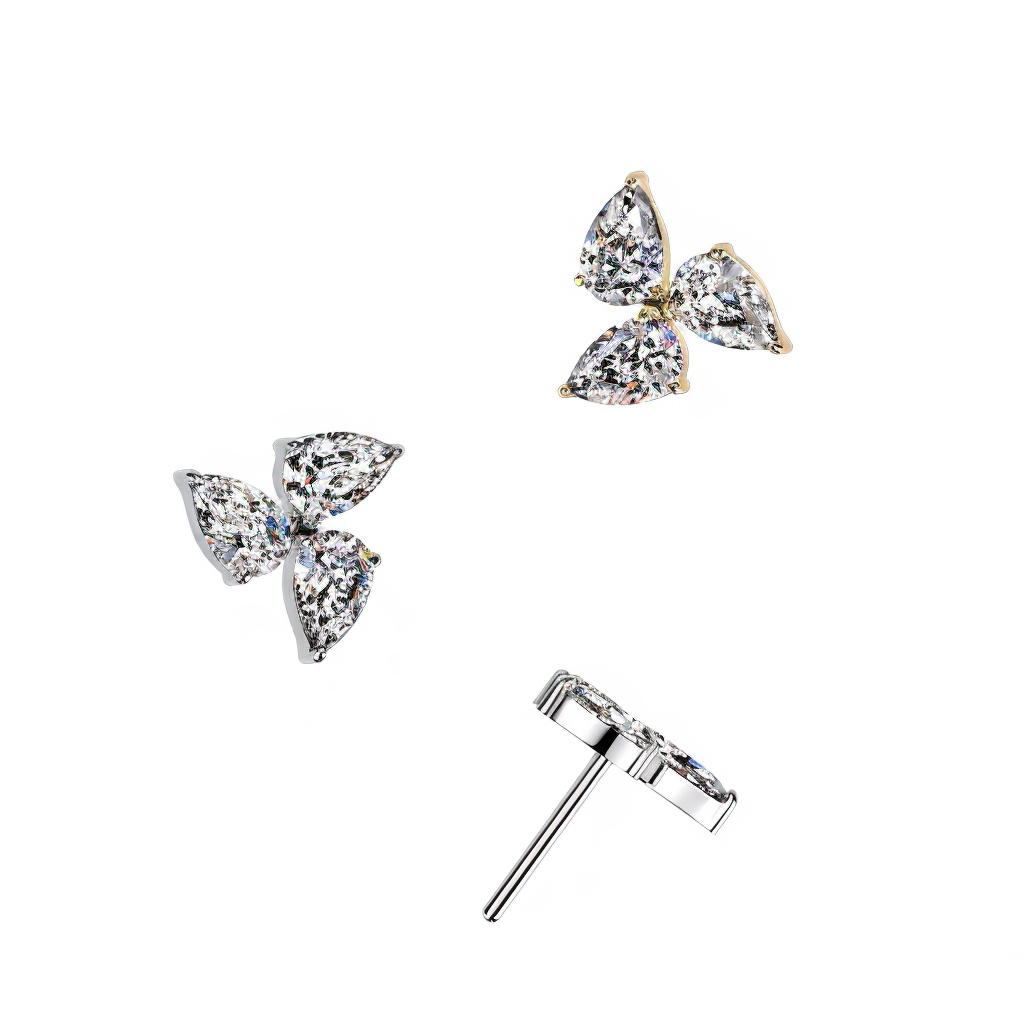 Titanium Threadless Push In Top Pear CZ Pin Wheel