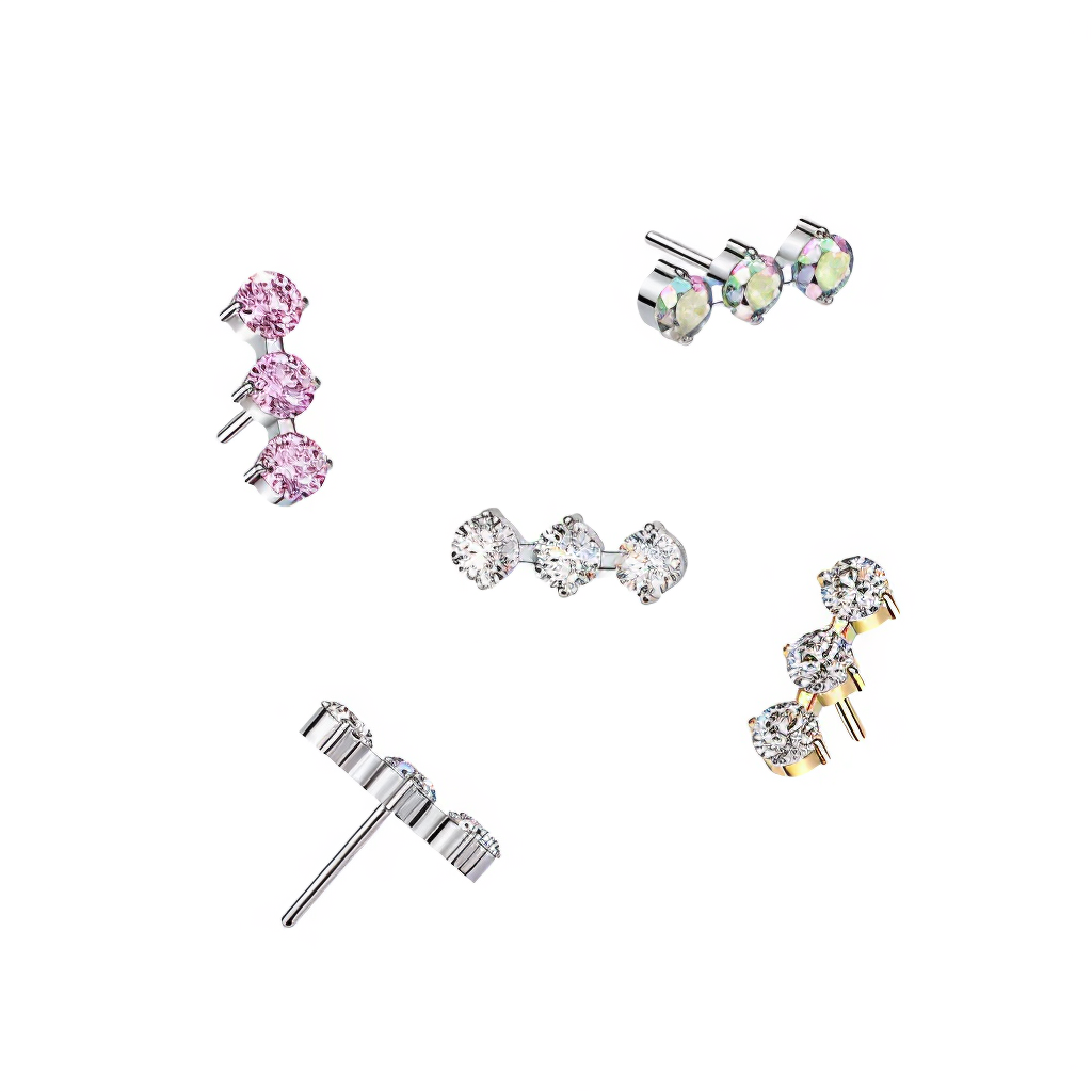 Titanium Threadless Push In Top With 3 Round CZ