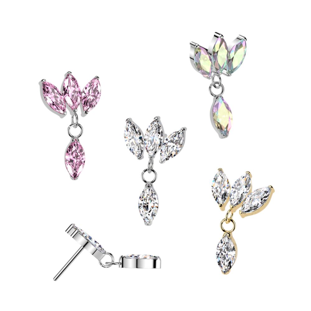 Titanium Threadless Push In Triple Marquise CZ Fan Top With Marquise CZ Dangle