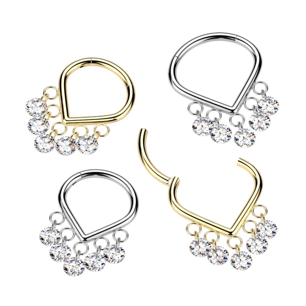 Titanium Hinged Chevron Segment Hoop Ring With 5 CZ Dangle