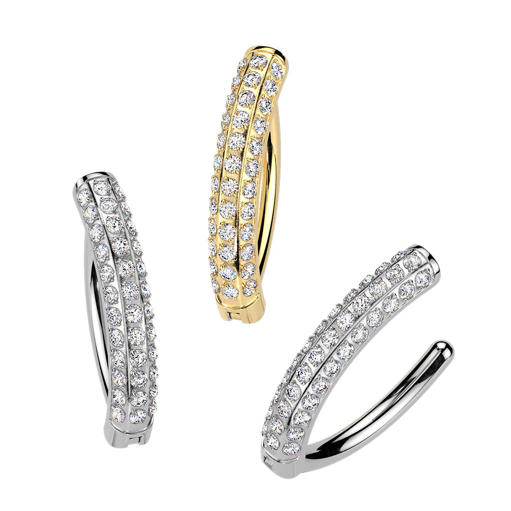 Titanium Hinged Hoop Belly Ring With Pave CNC Set Moissanite Triple Line