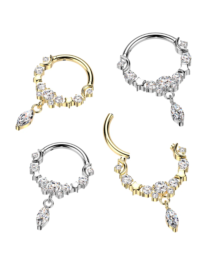 Titanium Hinged Moon and Star Segment Hoop Ring With Marquise CZ Dangle