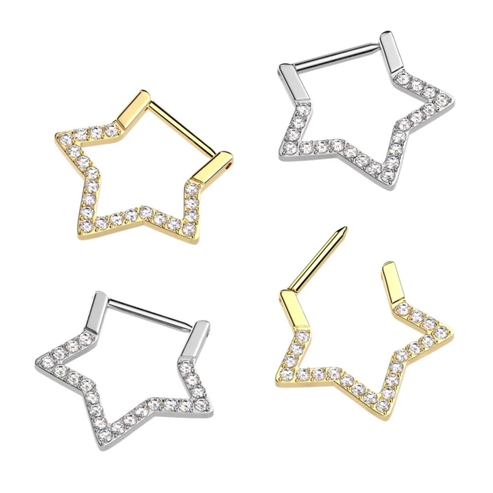 Titanium Hinged Pave CNC Set CZ Star Segment Hoop Ring With Straight Bar