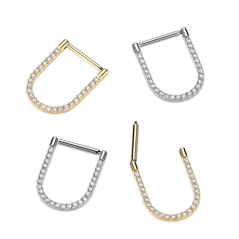 Titanium Hinged Pave CNC Set CZ U-Shape Segment Hoop Ring With Straight Bar