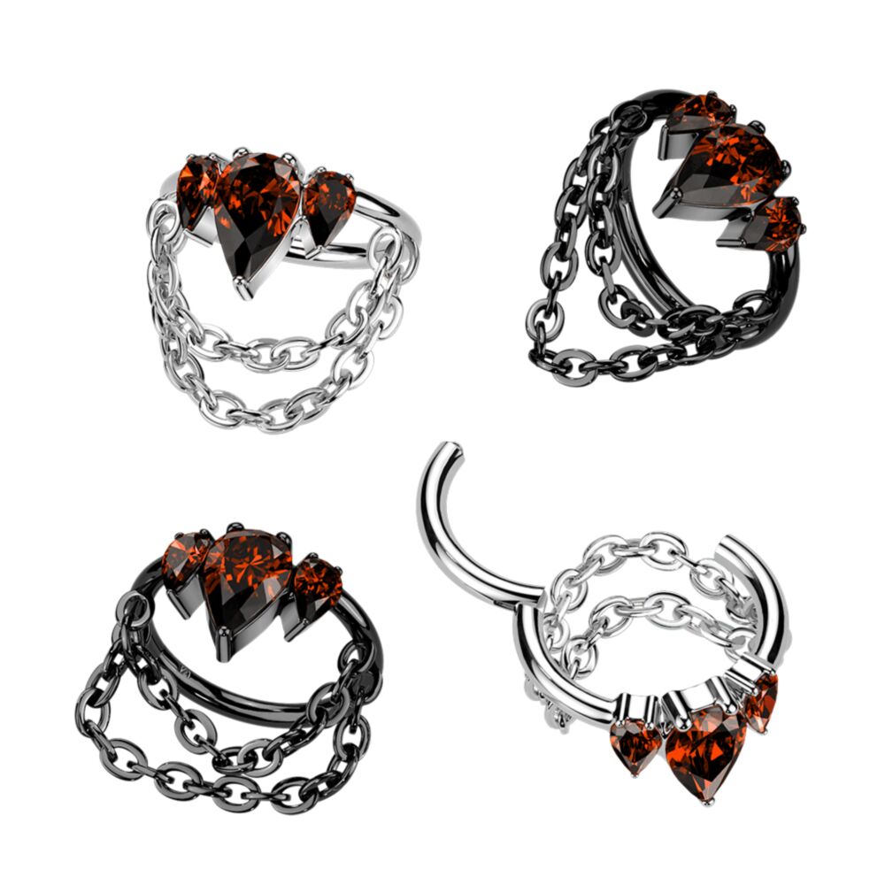 Titanium Hinged Pear CZ Crown Segment Hoop Ring With Double Chain Dangle