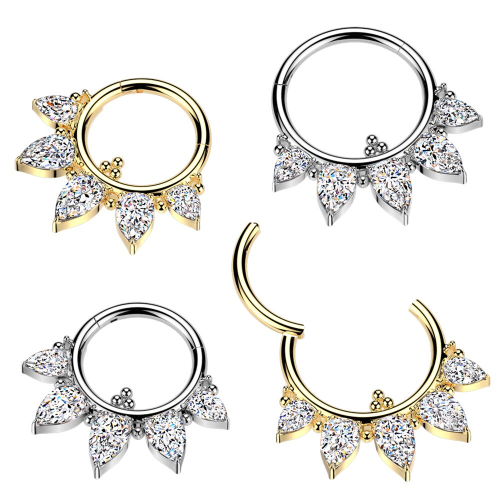 Titanium Hinged Segment Hoop Ring With 5 Pear CZ and Balls