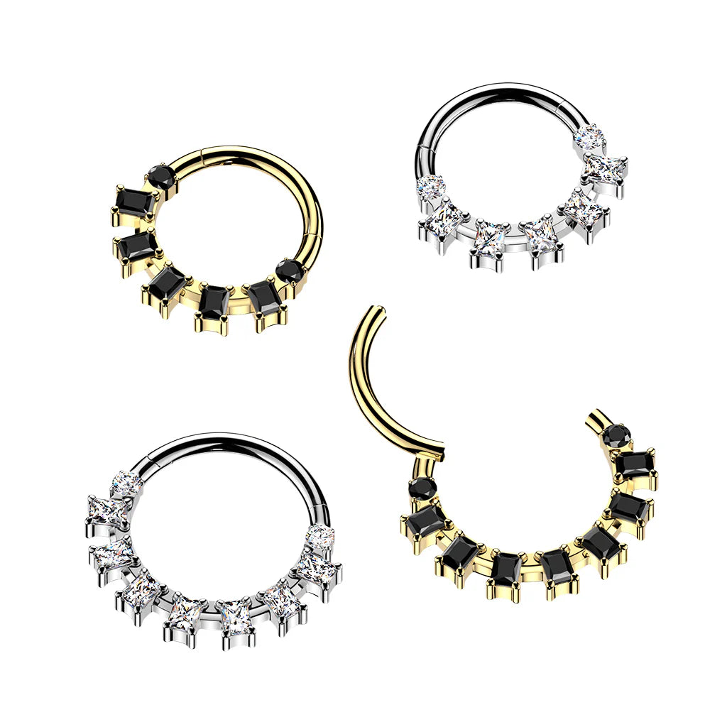 Titanium Hinged Segment Hoop Ring With Baguette CZ Fan