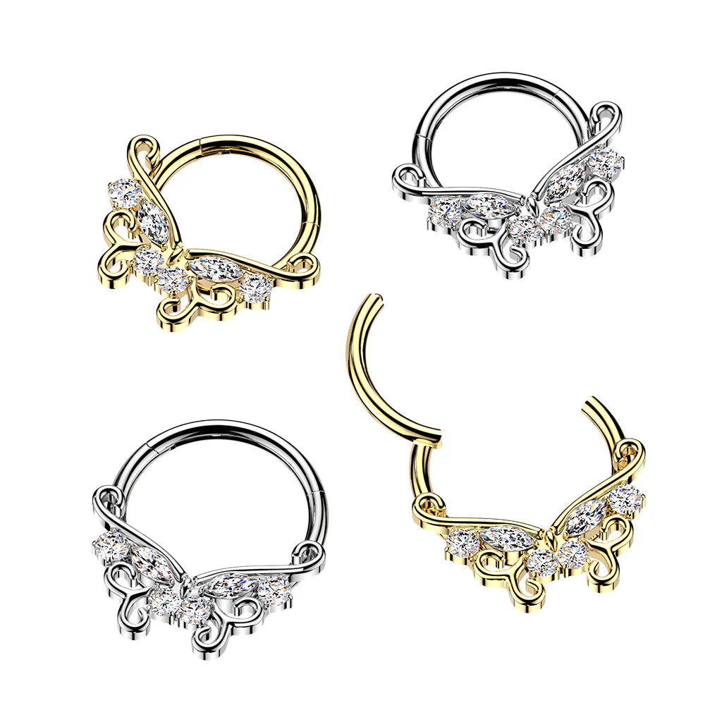 Titanium Hinged Segment Hoop Ring With CZ Accented Filigree Butterfly